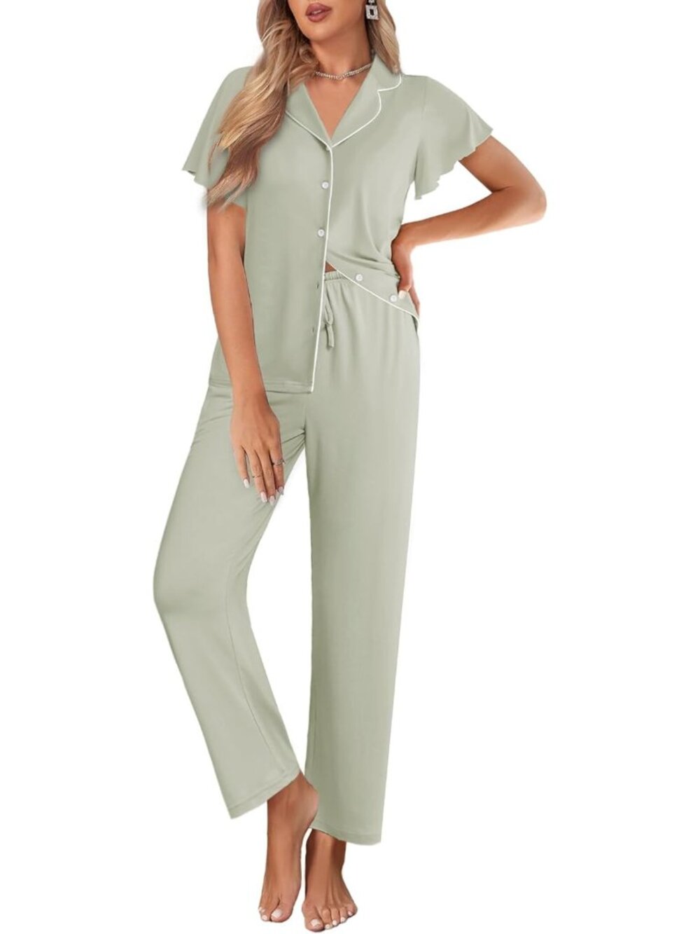 Women Sage Green Notch Lapel Ruffle Sleeve Button Up with Long Pajamas Set